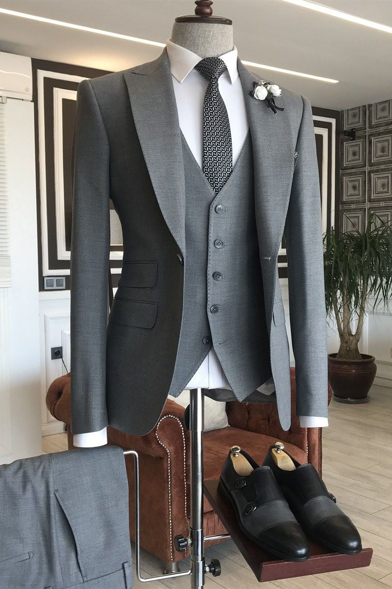 Gentle Gray 3 Pieces Close Fitting Business Suits With Vest