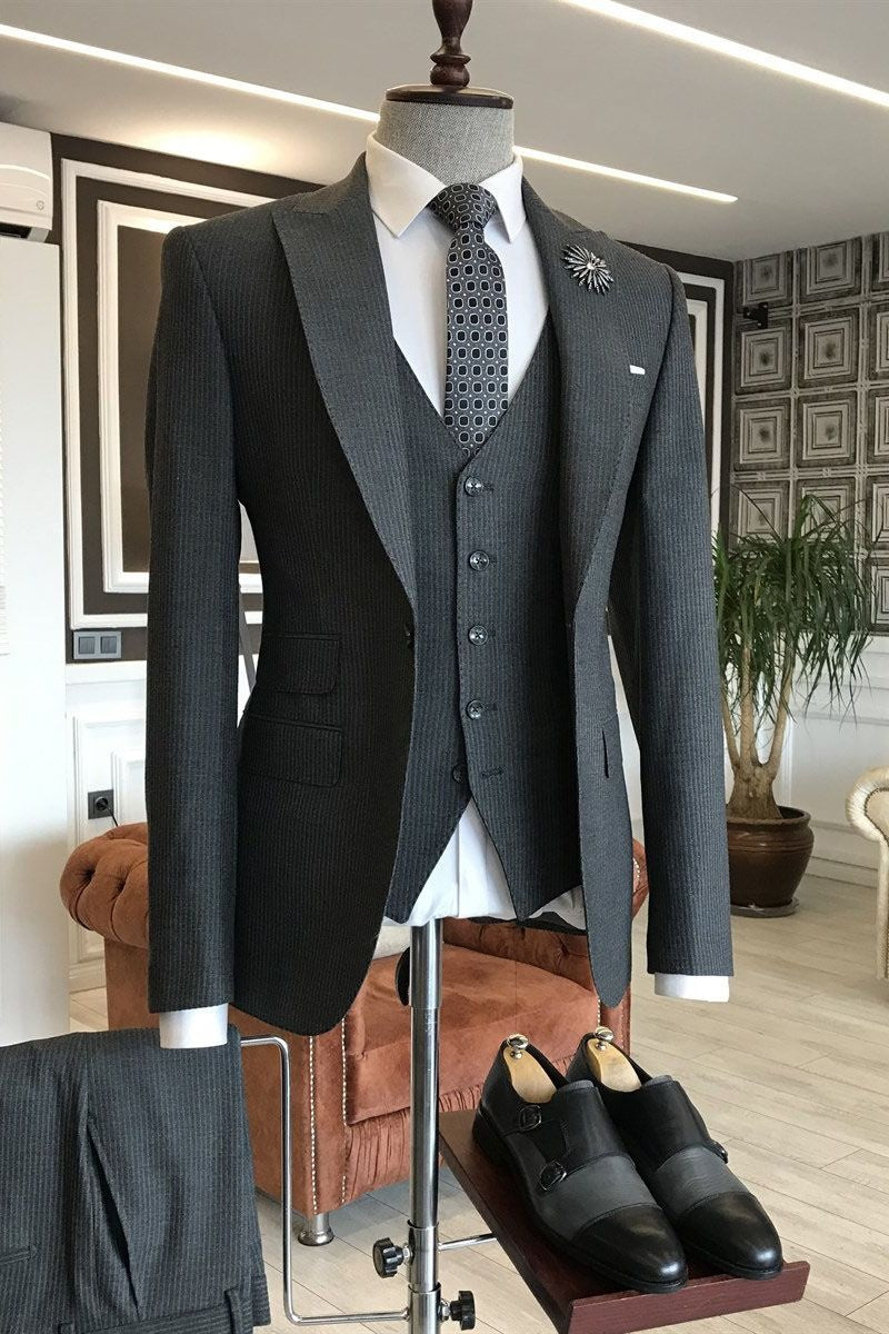 Formal Dark Gray Pinstriped 3 Pieces Business Suits With Vest