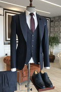 Formal Navy Blue Pinstriped 3 Pieces Business Suits With Vest