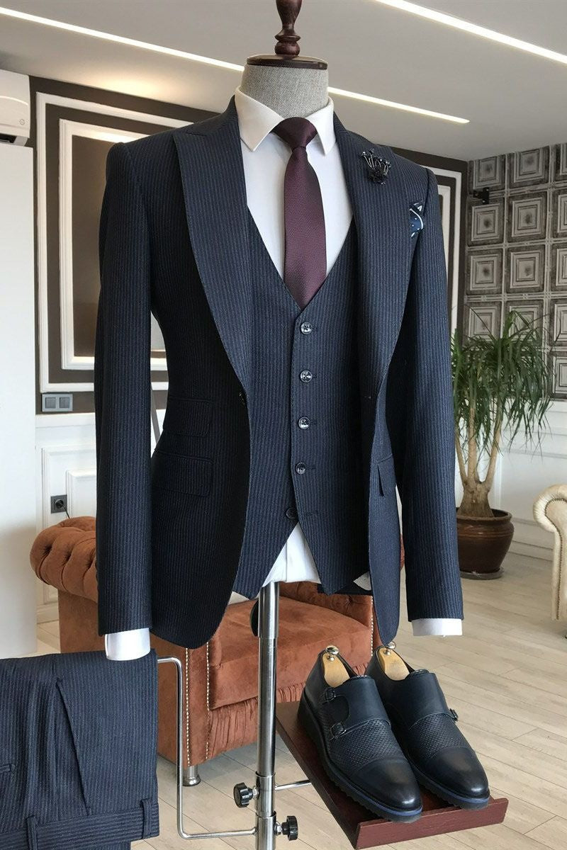 Formal Navy Blue Pinstriped 3 Pieces Business Suits With Vest