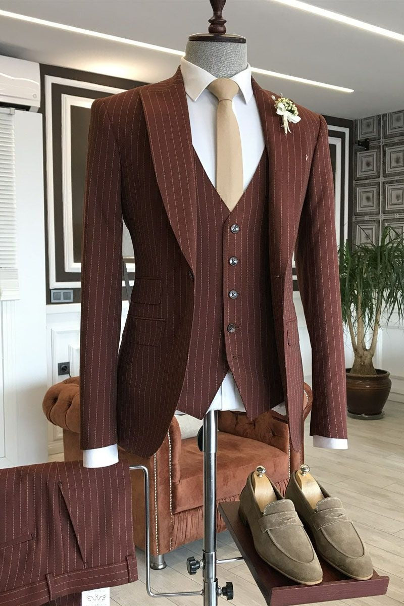 Formal Brown Pinstriped 3 Pieces Business Suits With Vest