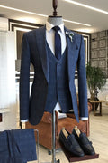 Classy Dark Blue Plaid 3 Pieces Business Suits With Vest