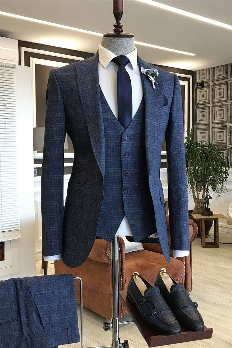 Classy Dark Blue Plaid 3 Pieces Business Suits With Vest