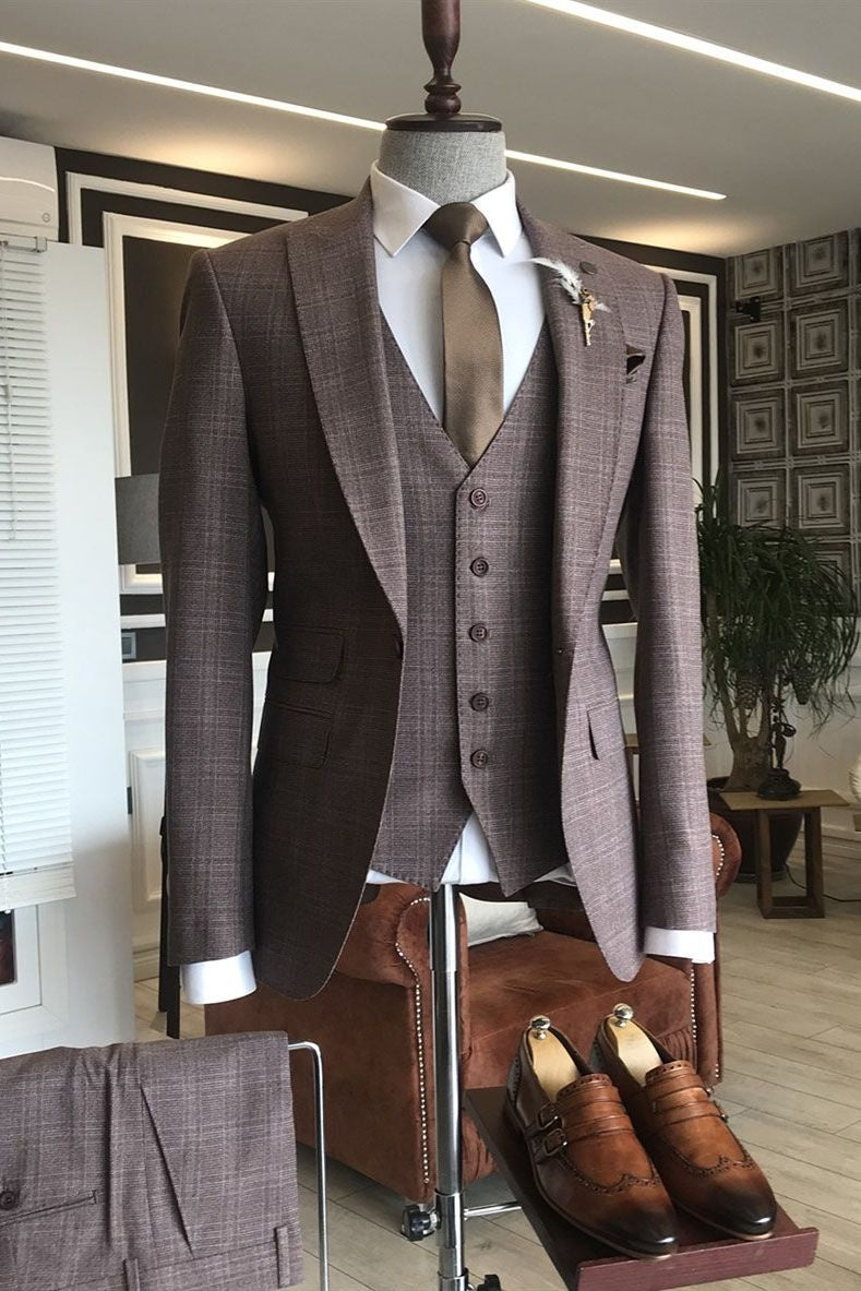 Classy Coffee Plaid 3 Pieces Business Suits With Vest