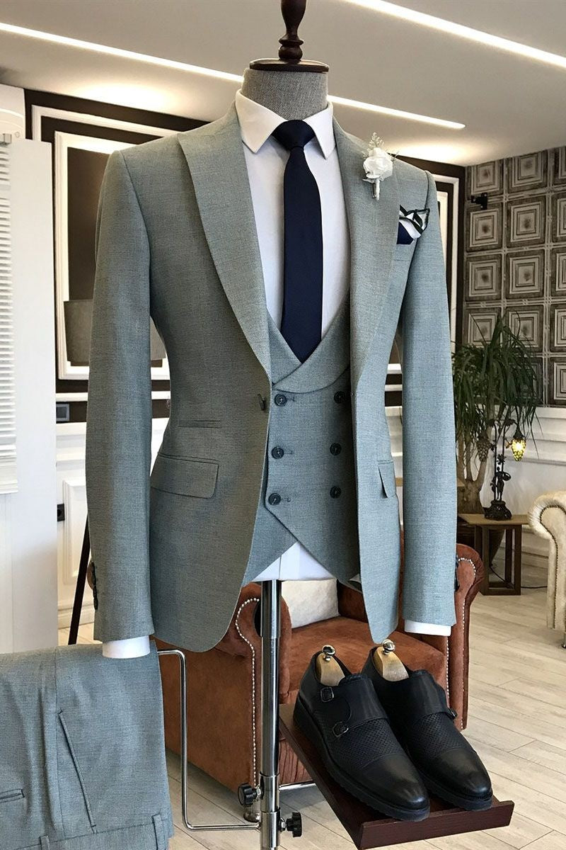 Beautiful Gray Green 3 Pieces Peaked Lapel Prom Suits