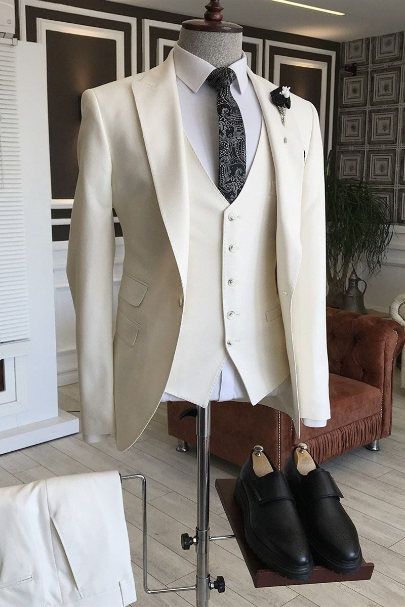 Modern White 3-Pieces Peaked Lapel Business Men Suits