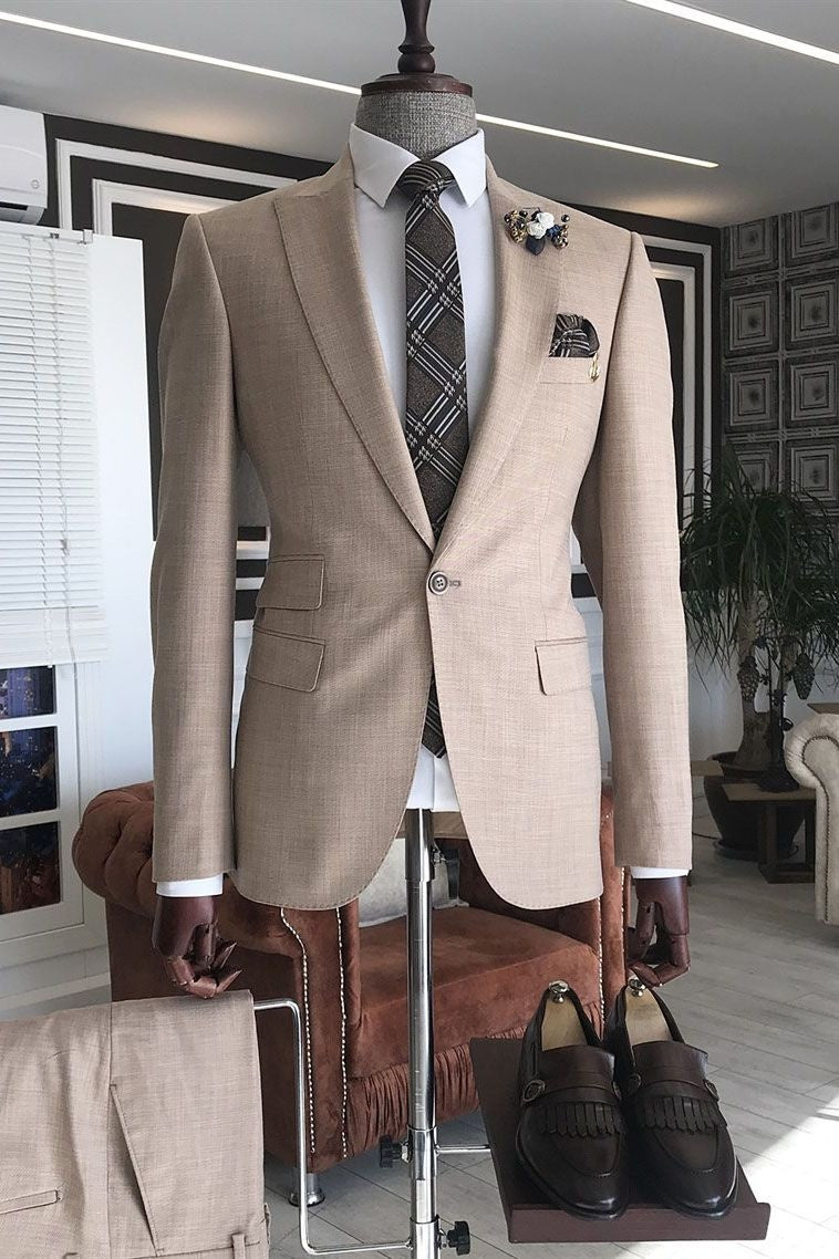Bespoke Light Khaki Peaked Lapel Slim Fit Men Suits For Proms
