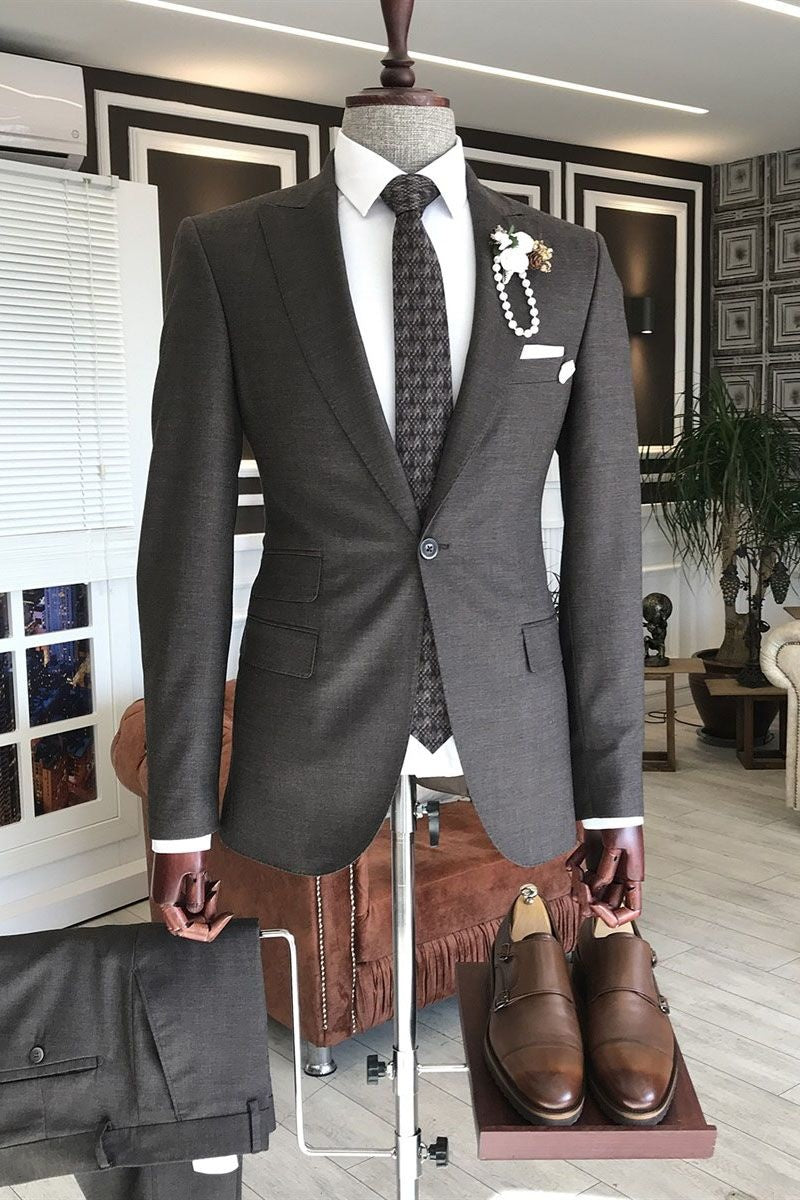 Latest Dark Brown Peaked Lapel Slim Fit Men Suits For Business
