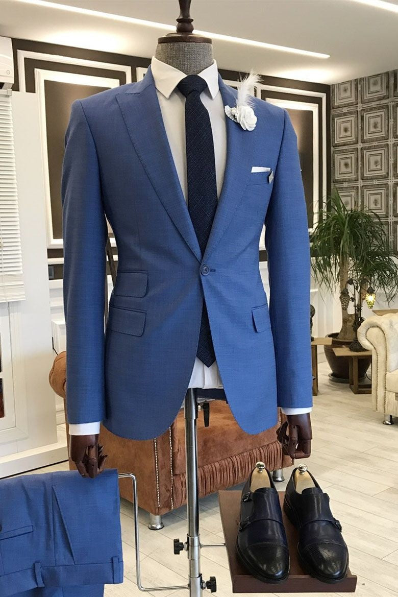 Newest Blue Peaked Lapel Slim Fit Men Suits For Prom