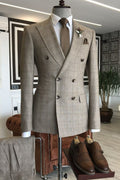 Latest Brown Plaid Double Breasted Peaked Lapel Formal Menswear