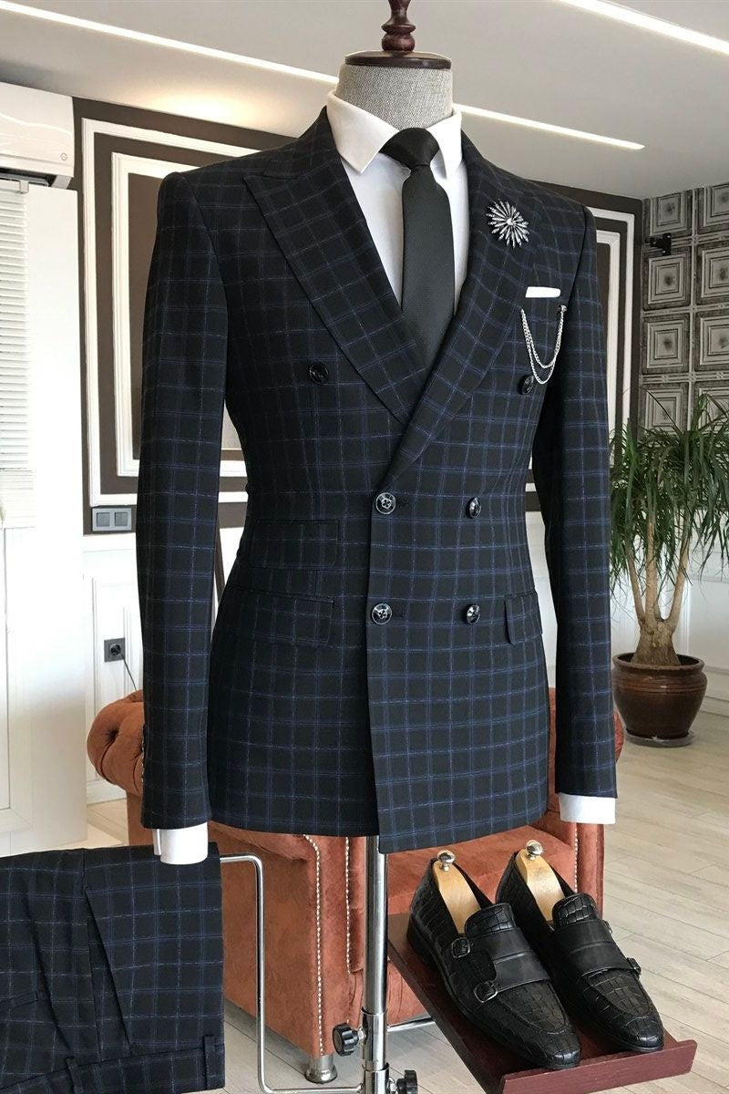 Formal Black Plaid Peaked Lapel Double Breasted Bespoke Business Men Suits