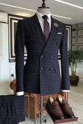 Stylish Black Plaid Double Breasted 3 Flaps Formal Menswear