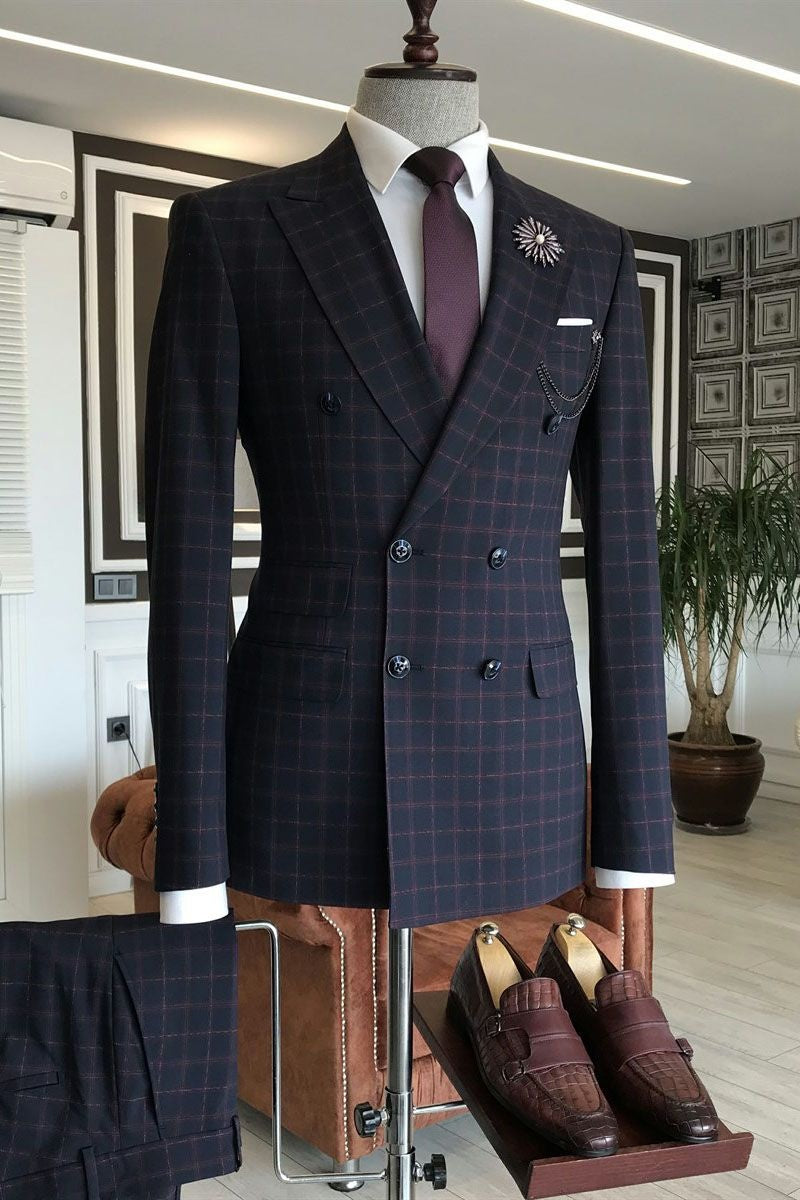 Stylish Black Plaid Double Breasted 3 Flaps Formal Menswear