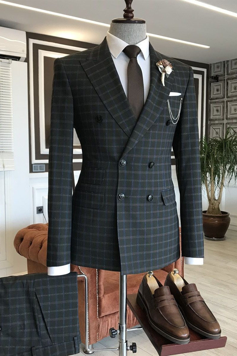 Chic Black Plaid Double Breasted Slim Fit Business Suits For Men