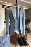 Elegant Blue Peaked Lapel 3 Pieces Men Suits For Prom