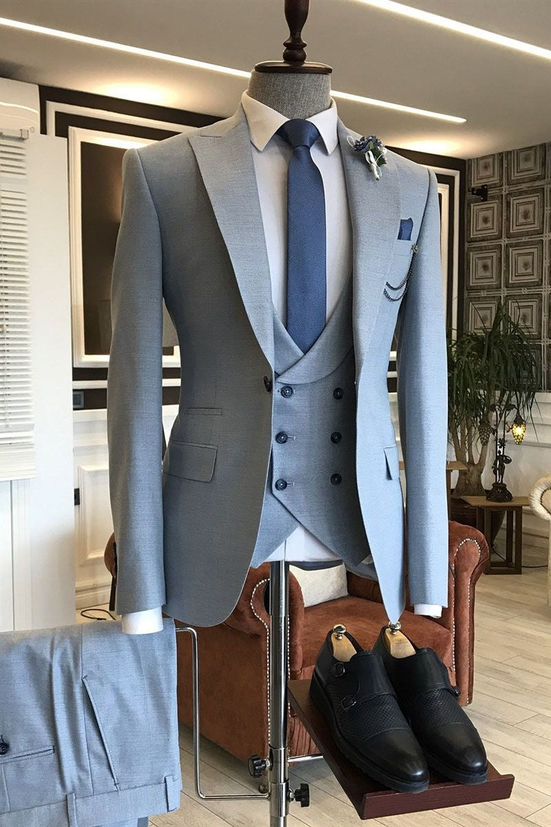 Elegant Blue Peaked Lapel 3 Pieces Men Suits For Prom
