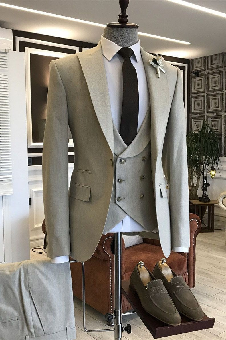 Stylish Light Khaki 3-Pieces Double Breasted Waistcoat Formal Menswear