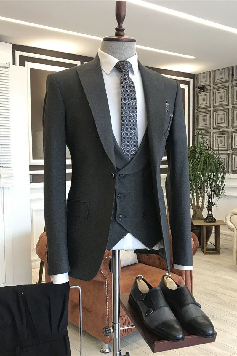 Trendy Black 3 Pieces Peaked Lapel Business Men Suits