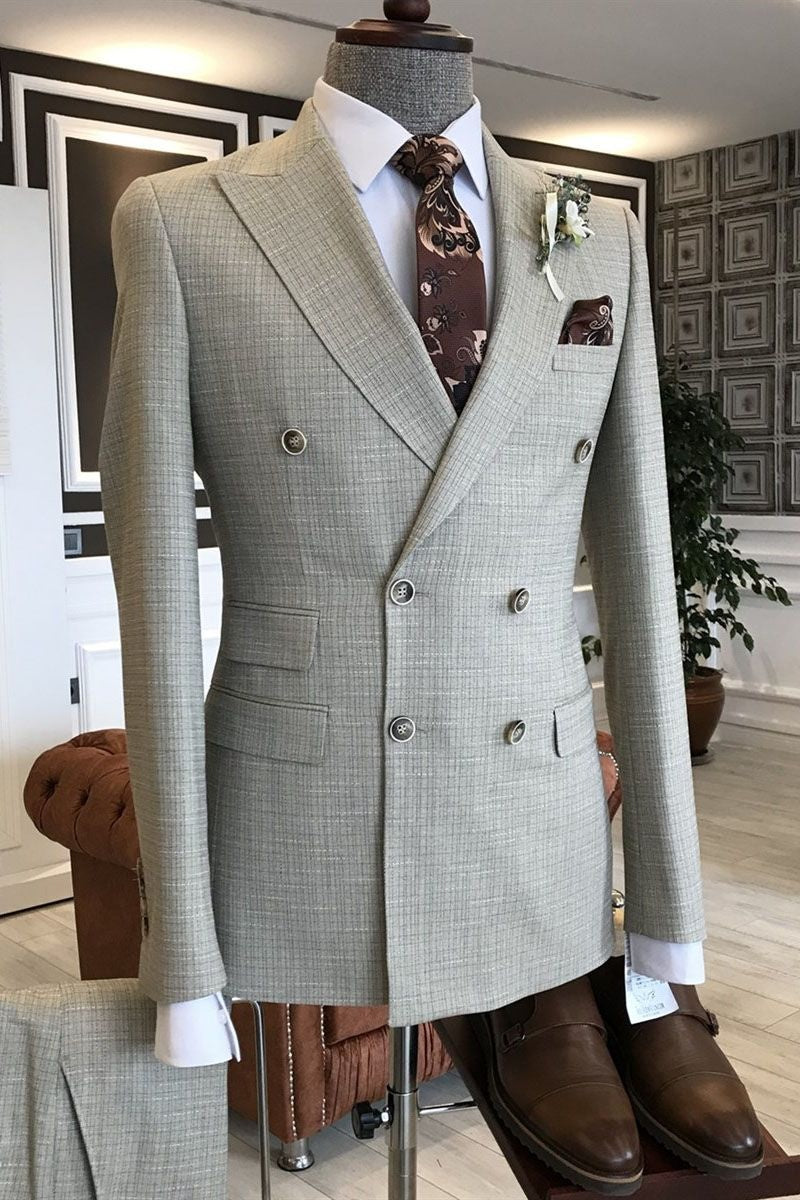 Gentle Light Gray Small Plaid Double Breasted Business Men Suits