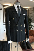 Stylish Black Double Breasted Striped Men's Business Suits