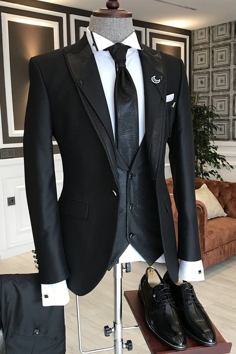 Classic All Black Peaked Lapel One Button Slim Fit Business Men Suits