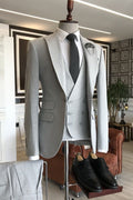 High Quality Light Gray Peaked Lapel 3 Pieces Formal Business Suits For Men