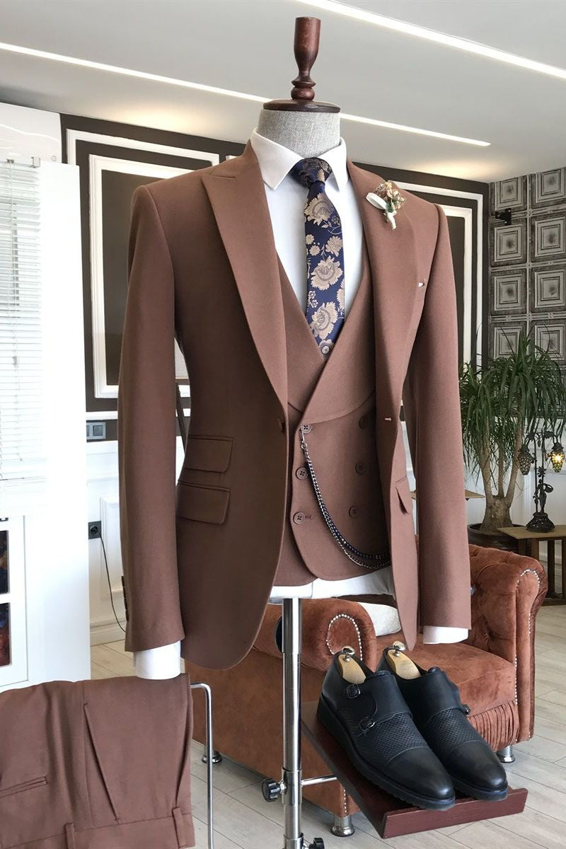 Fashion Brown 3-Pieces Peaked Lapel Business Suits For Men