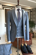 Fancy Gray Blue 3 Pieces Peaked Lapel Business Men Suits