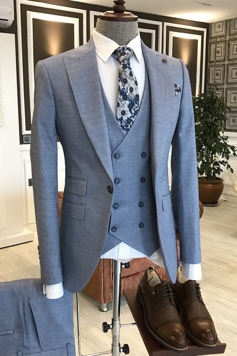 Gentle Light Blue 3-pieces Slim Fit Business Men Suits