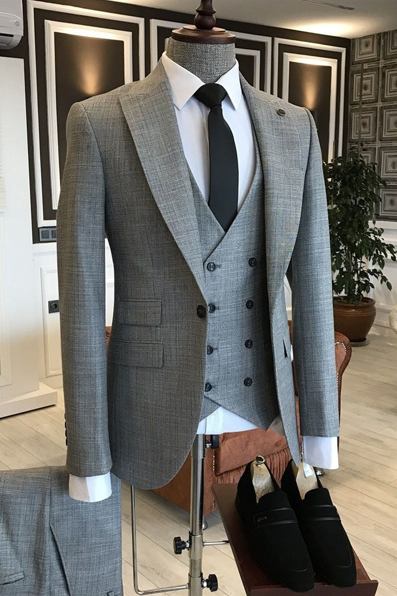 Fancy Gray Peaked Lapel 3 Pieces Business Suits For Men