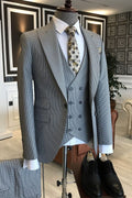 Chic Gray Small Plaid Peaked Lapel 3 Pieces Business Suits For Men