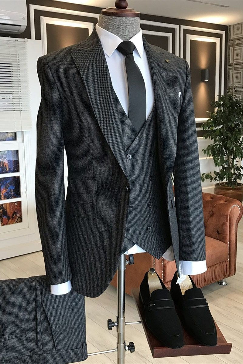 Trendy Black 3 Pieces Small Plaid Men's Suits For Business
