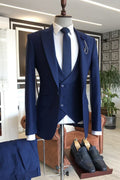 Charming Dark Blue Peaked Lapel 3 Pieces Men's Prom Suits