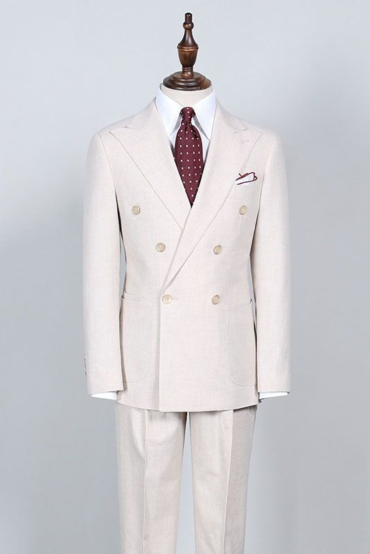 Elegant Beige Double Breasted Peaked Lapel Business Suits