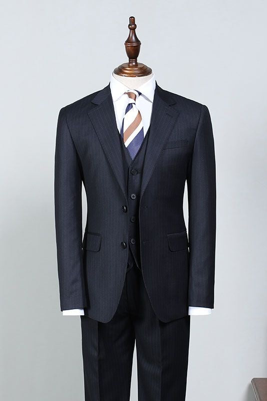 Formal Black 3 Pieces Pinstriped Notched Lapel Business Suits