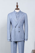 Chic Dusty Blue Peaked Lapel Double Breasted Custom Prom Suit