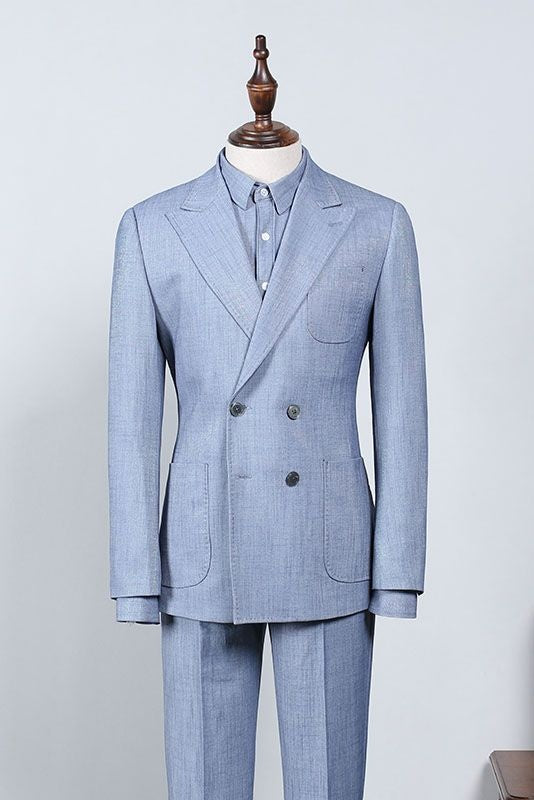 Chic Dusty Blue Peaked Lapel Double Breasted Custom Prom Suit