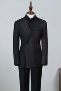 Bespoke Black Striped Peaked Lapel Double Breasted Men Suit