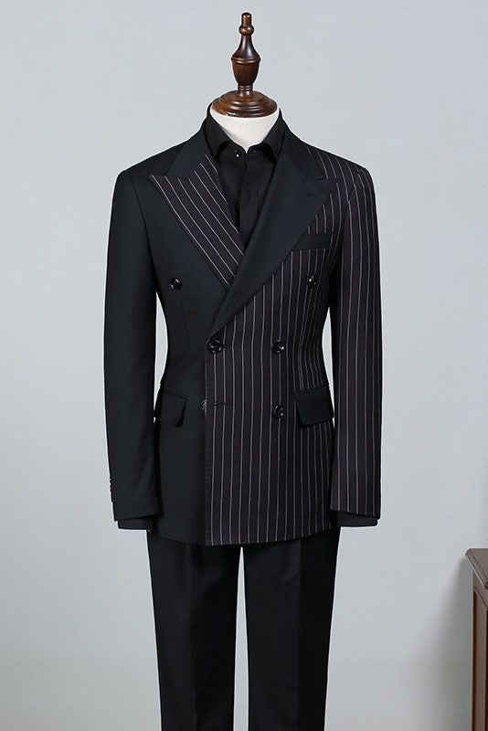 Bespoke Black Striped Peaked Lapel Double Breasted Men Suit