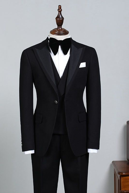 Formal Black 3 Pieces Peaked Lapel Slim Fit Tailored Business Suit