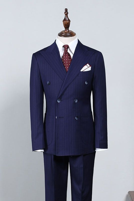Chic Dark Blue Pinstriped Double Breasted Business Men Suits