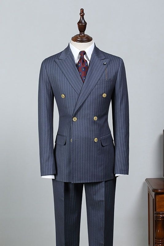 Chic Dark Gray Pinstriped Double Breasted Business Men Suits