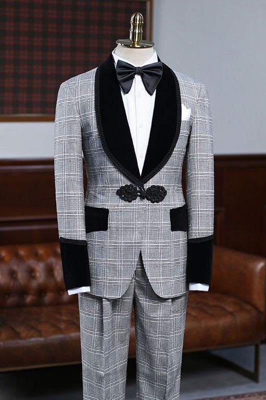 Stylish Gray Plaid Knitted Button Wedding Suit For Grooms