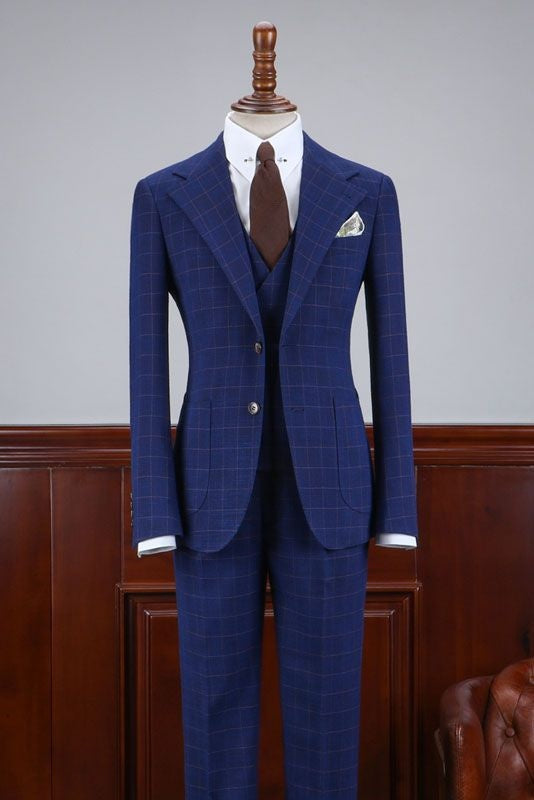 Trendy Dark Blue Plaid 3 Pieces Notched Lapel Business Men Suits
