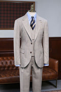 Formal Light Khaki Plaid 3 Pieces Bespoke Business Suit