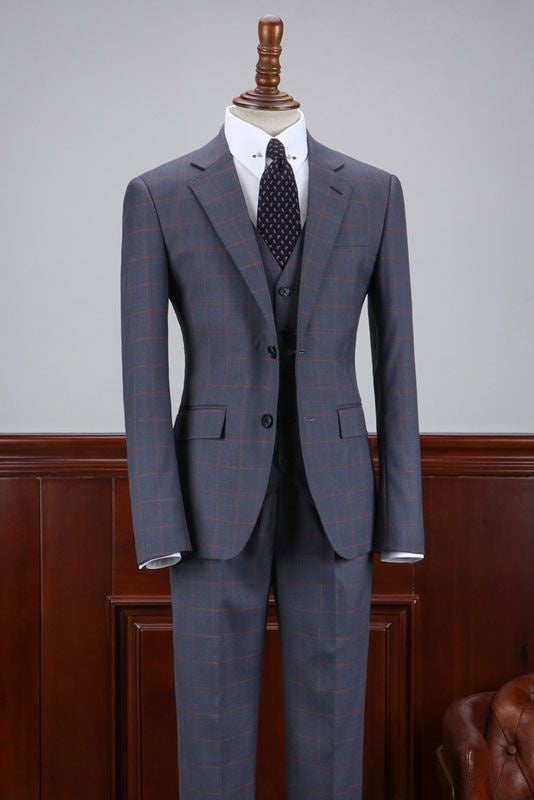 Fashion Dark Gray Plaid Notched Lapel 2 Button Business Suit