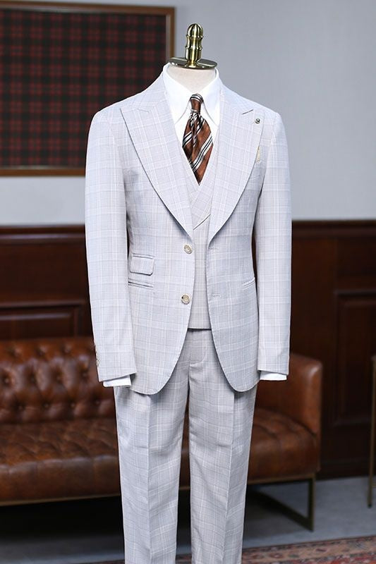 Modern Light Gray Plaid 3 Pieces Business Men Suits