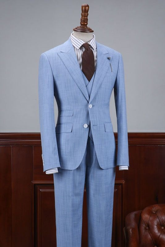 Mild Sky Blue Peaked Lapel 3 Pieces Men's Prom Suits