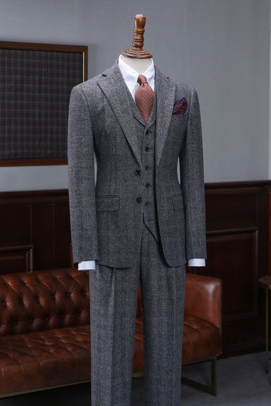Trendy Dark Gray Plaid 3 Pieces Business Suit For Men