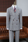 Chic Gray Plaid Peaked Lapel Double Breasted Bespoke Men Suit For Business